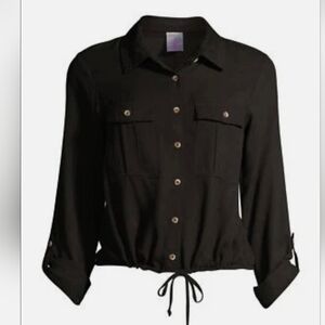 No Boundaries NEW Plus Juniors Black Roll Tab Sleeves Drawstring Utility Top